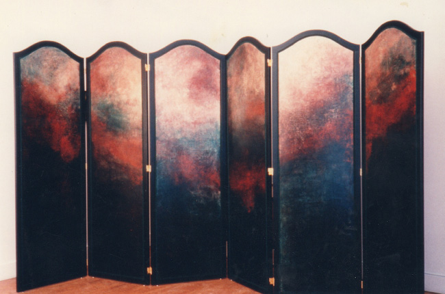 “Red and Gold” 1993 (six-paneled screen, acrylic on wood, 84 x 162")